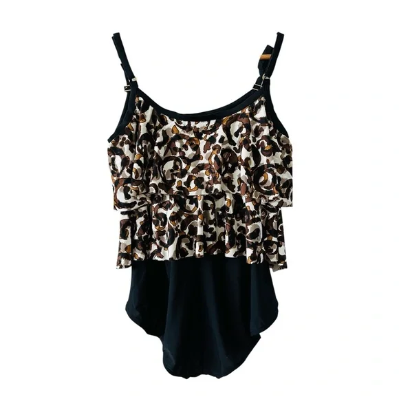 Maxine of Hollywood Ruffle Top One Piece Black & Brown Swimsuit size L/XL - Picture 2 of 10